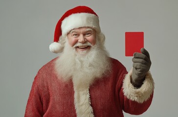 Santa Claus holding up an empty red card with both hands, against a grey background