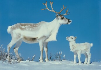 Canvas Print - a reindeer and its calf in the snow, with a clear blue sky background