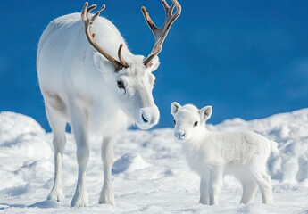 Canvas Print - a reindeer and its calf on the snow-covered tundra in Arctic Norway, with clear blue skies