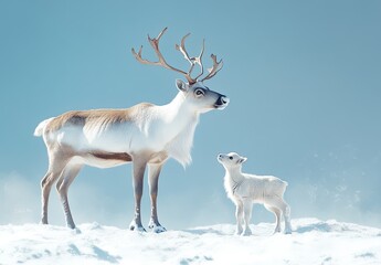 Canvas Print - a reindeer and its calf on the snow-covered tundra in Arctic Norway, with clear blue skies