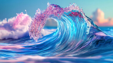 Poster - Colorful Ocean Wave Splashing Under a Vibrant Sky at Sunset