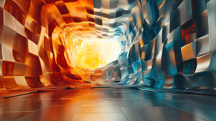 Poster - Colorful Abstract Tunnel With a Gradient of Orange and Blue Hues Leading to Bright Light