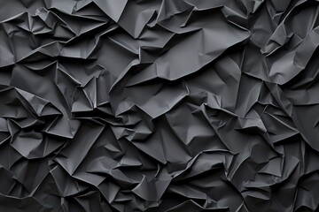 Poster - Close-up abstract texture of dark crumpled paper. The uneven surfaces form a dynamic pattern, capturing light and shadow, ideal for backgrounds or artistic designs.
