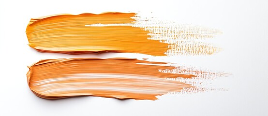 Poster - Two vibrant orange paint strokes on a white background, showcasing texture and artistic flair. Ideal for creative projects and design inspiration.