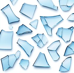 Poster - Blue glass shards scattered in various shapes on a seamless white background, perfect for creative design projects.