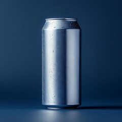 Poster - Silver Aluminum Drink Can With Condensation, on Blue Background. Beverage Packaging Mockup.