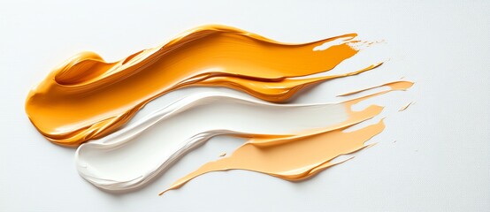 Poster - Swirls of vibrant orange, white, and peach paint create a dynamic abstract composition, perfect for creative art projects.