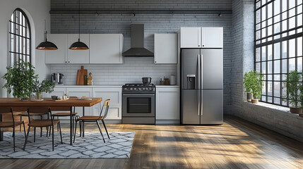 Elegant white Scandinavian kitchen, dining room with wooden floor, modern minimalist refrigerator, simple furniture and utensils