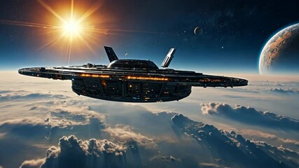 Wall Mural - Video footage of futuristic spaceship hovers above the clouds with a bright sun and distant planets in the background, creating a stunning sci fi scene