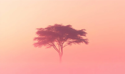 Wall Mural - A solitary tree stands in a misty landscape, bathed in soft pink hues at dawn or dusk.