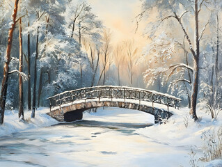 Wall Mural - A serene winter landscape featuring a snow-covered bridge over a tranquil stream.