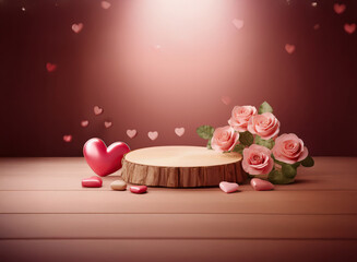 Poster - Romantic scene featuring a wooden display stand adorned with pink roses and hearts, bathed in soft lighting.  Perfect for Valentine's Day or romantic celebrations.