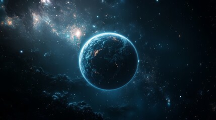 Wall Mural - Exploration of the cosmos reveals a luminous blue planet surrounded by vibrant galaxies and swirling cosmic clouds in deep space