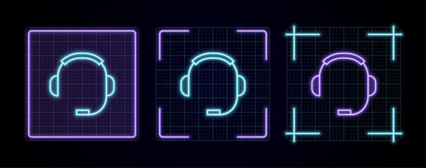 Headset icon illustration, cyber neon visual, glowing border grid vector.