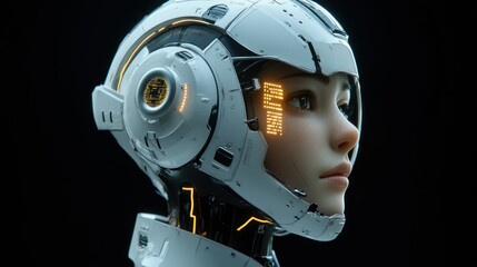 Poster - Close-up profile of a female cyborg head, futuristic helmet with glowing orange details against a black background.
