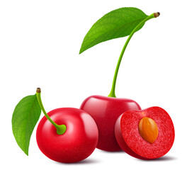 Wall Mural - ripe cherries with leaves isolated on a white background. whole red cherry and half cherry with pit,