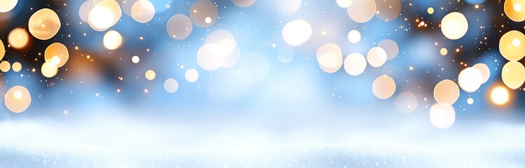 Poster - Stunning abstract background with sparkling bokeh lights in soft blue and gold hues, creating a magical and elegant atmosphere, perfect for festive and celebratory designs.