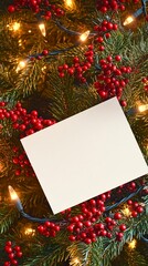 Wall Mural - Blank white card mockup on Christmas tree with glowing lights and red berries, perfect for holiday greeting text or seasonal message, festive decorative background.