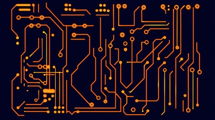 Fototapete - Abstract Circuit Board Design: Orange and Dark Blue Technology Background