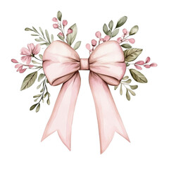 Wall Mural - Pink bow with floral accents in watercolor style, featuring delicate leaves and blossoms