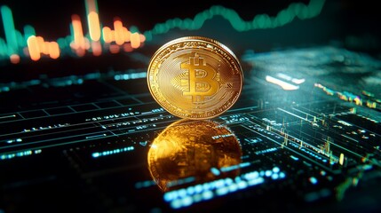 Poster - Digital Coin Displayed on Chart with Data Visualizations and Glow Effects