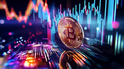 Poster - Digital Coin on Trading Chart With Vibrant Background and Financial Data Visuals