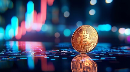 Poster - Digital Coin with Chart Patterns in a Colorful Backdrop for Financial Concepts