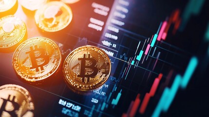 Poster - Digital Coins and Rising Bar Chart Illustrating Cryptocurrency Market Trends