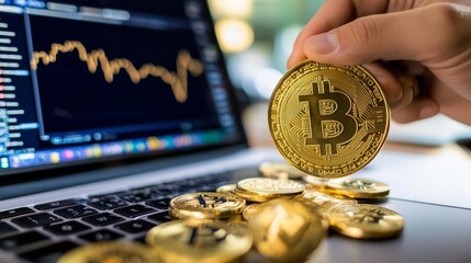 Poster - Person Analyzing Blockchain Data on Laptop with Bitcoin Coins in Focus