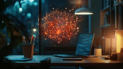 Poster - abstract digital network visualization in modern office workspace