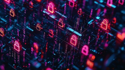 Poster - Futuristic Digital Landscape with Lock Icons and Neon Data Streams