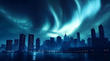 Wall Mural - A vibrant city skyline illuminated by swirling auroras in a night sky.