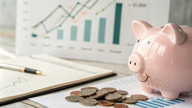 piggy bank surrounded by coins and financial documents, symbolizing savings and investment growth