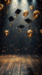 Poster - Graduation stage background with black balloons and gold confetti, black caps