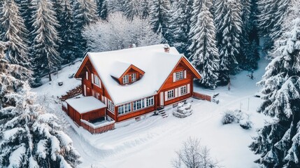 Wall Mural - Snow covered cabin nestled within a winter forest