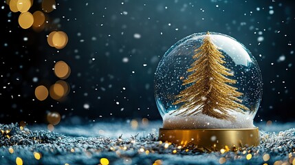 Wall Mural - A gold Christmas tree within a glass snow globe on a black background banner with copy space