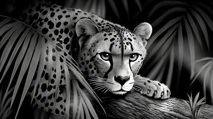 Wall Mural -   A monochromatic image of a cheetah lounging on a palm tree branch in a jungle setting