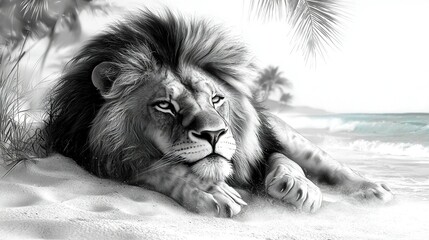 Wall Mural -   A monochrome photo shows a lion lying on a beach amidst golden sand and a palm tree in the backdrop