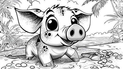 Wall Mural -   A monochromatic illustration depicts a pig perched atop the ground before a tree and a water body