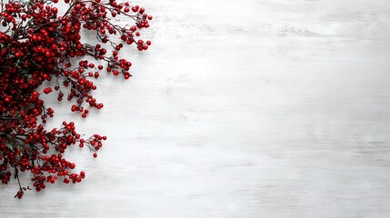 Wall Mural -   A white wooden table is home to a cluster of red berries, positioned beside a vase that showcases more red berries