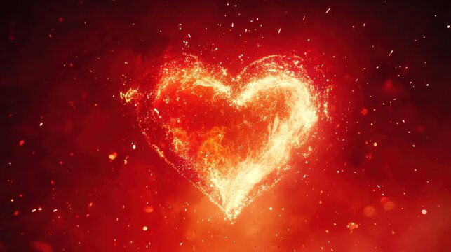 A bold red background with a glowing heart in the center surrounded by sparkles.