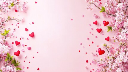 Poster - Romantic pink backdrop with red hearts arranged on branches, scattered for a whimsical Valentines Day design