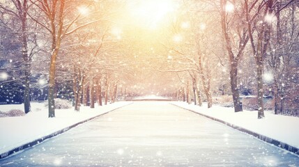 Wall Mural - snow-covered frozen river bank illuminated by a vivid pink sunrise, tranquil winter scene with frost