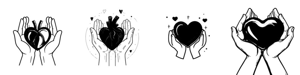 A minimalist heart icon held between two hands, symbolizing charity, love, care, and healthcare. This modern, isolated pictogram is set against a white background.