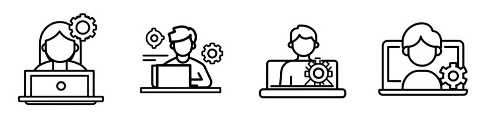 Poster - Digital service, online platform, and freelance work outline icon. A man professional working on a laptop with a gear and cogwheel line sign. Modern isolated pictogram for web, editable stroke on a