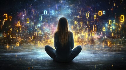 Poster - Person Sitting in Front of Digital Universe with Numbers and Codes