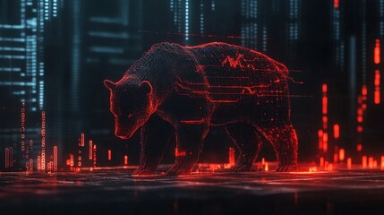 Leinwandbilder - Digital Bear in Red Neon Lights on Futuristic Data Background