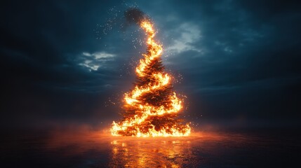 Poster - Surreal Burning Tree in Fiery Flames Against Dark Moody Sky