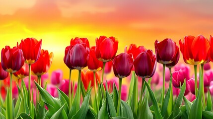 Wall Mural - Sunset highlights the vibrant red tulips blooming in a spring garden. Copy space.