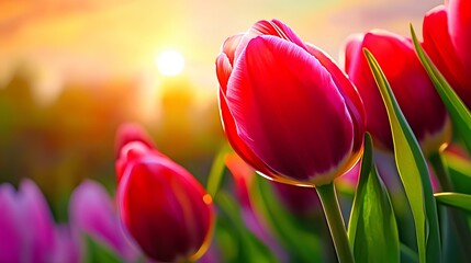 Wall Mural - Spring garden with blooming pink tulips, basking in the sunset's golden light. Copy space.